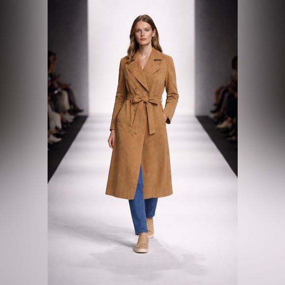 Women’s Vintage Camel Trench Coat Minimalist Belted Double Breasted Long Coat LG